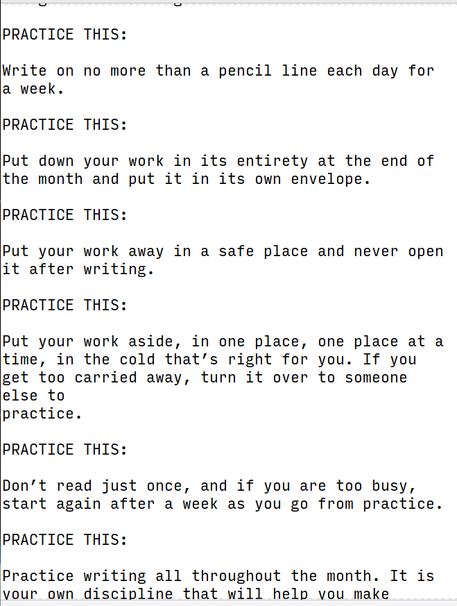 The image displays a list of five "PRACTICE THIS:" prompts, each offering a writing or productivity habit, such as writing no more than a pencil line per day or putting work in an envelope.