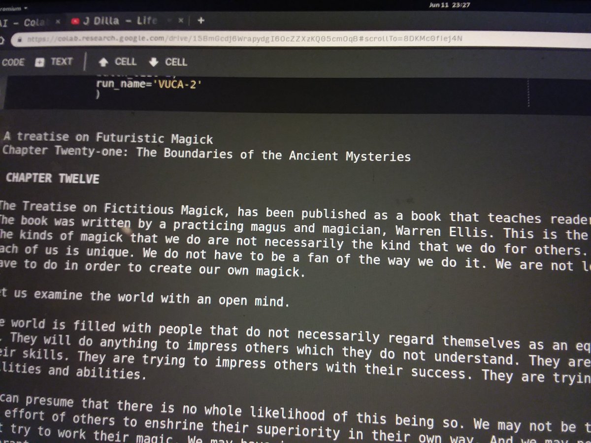 A computer screen displaying a Google Colab notebook with text from a fictional book titled "A treatise on Futuristic Magick," specifically Chapter Twenty-one: "The Boundaries of the Ancient Mysteries," discussing the nature of magic and personal expression.