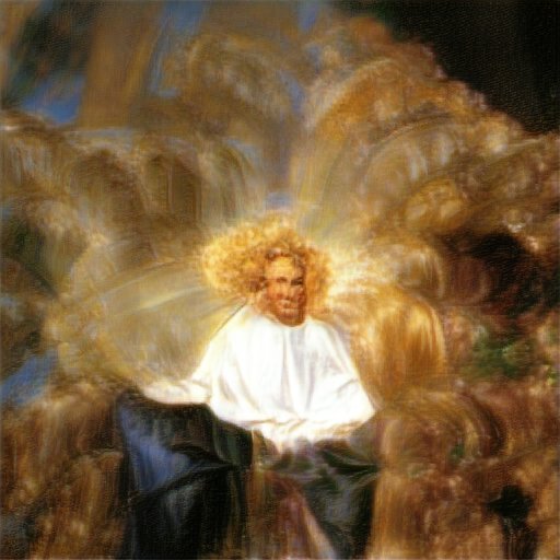 A radiant, curly-haired figure in a white robe sits surrounded by swirling golden and dark clouds, with light emanating from behind them.