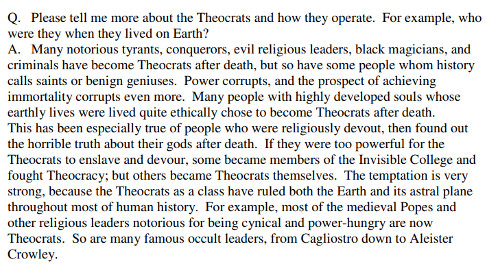This image displays a text excerpt from a document discussing Theocrats, describing them as powerful, often malevolent figures who rule after death, including historical figures like medieval Popes and Aleister Crowley.