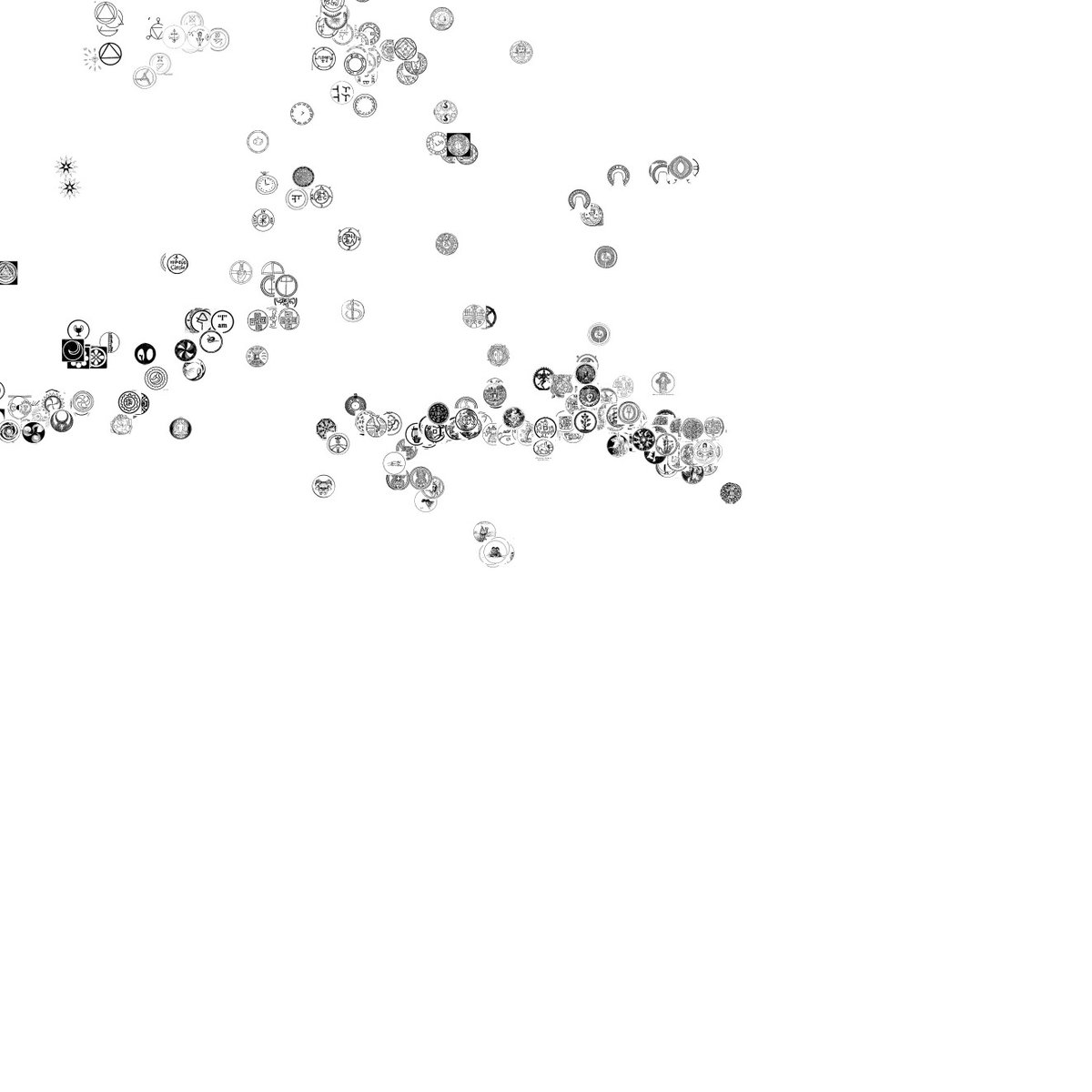 A black-and-white abstract composition of numerous small, intricate circular symbols and icons scattered across a white background, resembling a chaotic pattern of ancient or mystical emblems.