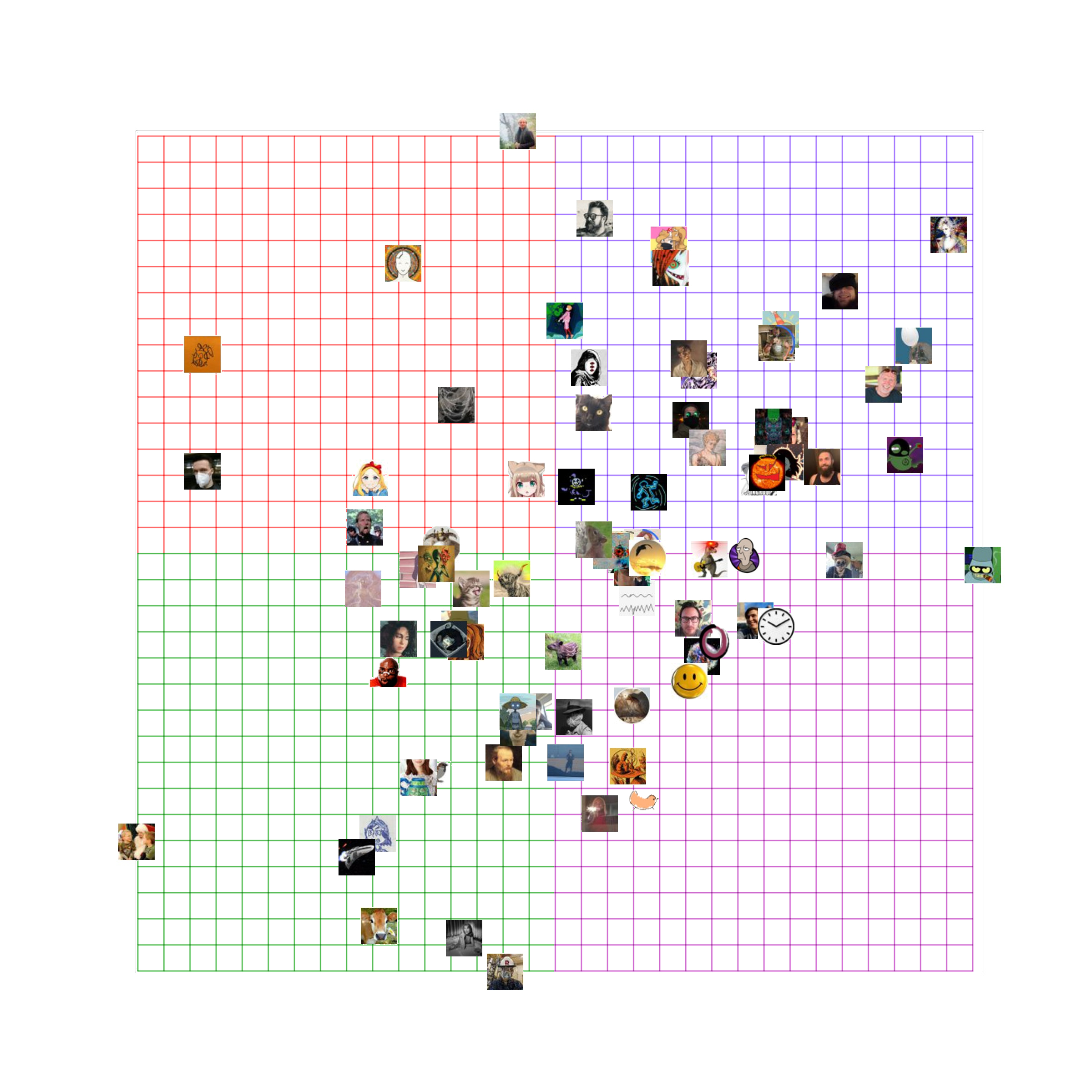 A grid of small, colorful images depicting various people, animals, cartoon characters, and objects, arranged in a scattered pattern across a multi-colored grid background.
