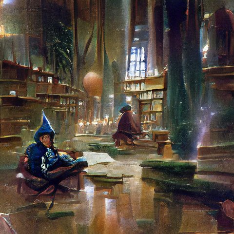 In a grand, dimly lit library with towering shelves and glowing candles, a figure in a blue hooded cloak sits on a chair reading, while another person in a brown cloak is seated further back, also engrossed in a book.