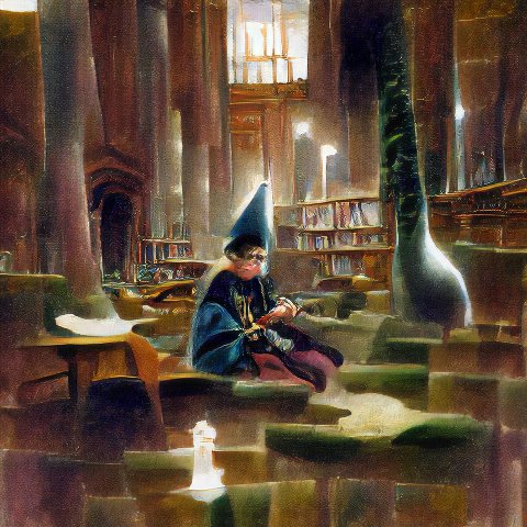 A young wizard in a blue robe and pointed hat sits in a grand, dimly lit library, surrounded by towering bookshelves and stone pillars, with a glowing lantern nearby.