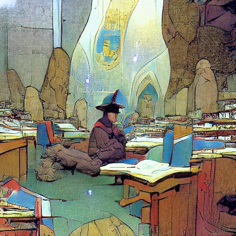 A lone figure in a dark hat sits at a desk in a dimly lit, surreal library filled with towering shelves and strange, glowing architectural elements.