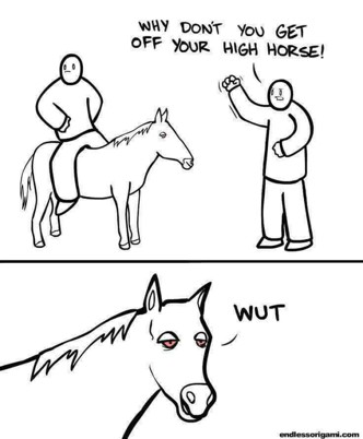 Two people argue with one person on a horse, while the horse looks confused and says “WUT” in the second panel.