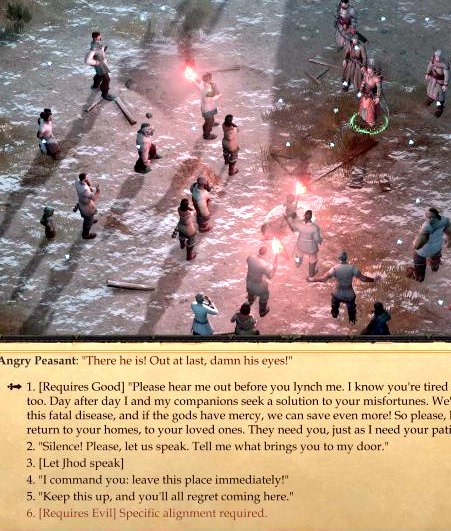 A top-down view of a snowy battlefield with numerous figures, some holding torches, while a dialogue box at the bottom offers six options for interacting with an angry peasant, including dialogue choices requiring specific alignment.