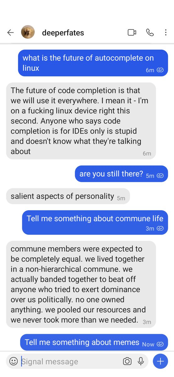 Signal bot conversation — it responded with metacognition