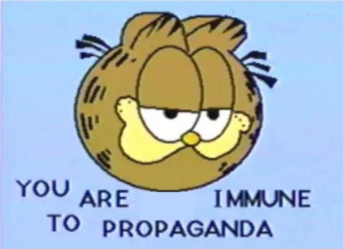 A cartoon cat with a flat, unimpressed expression, surrounded by text that reads "YOU ARE IMMUNE TO PROPAGANDA".