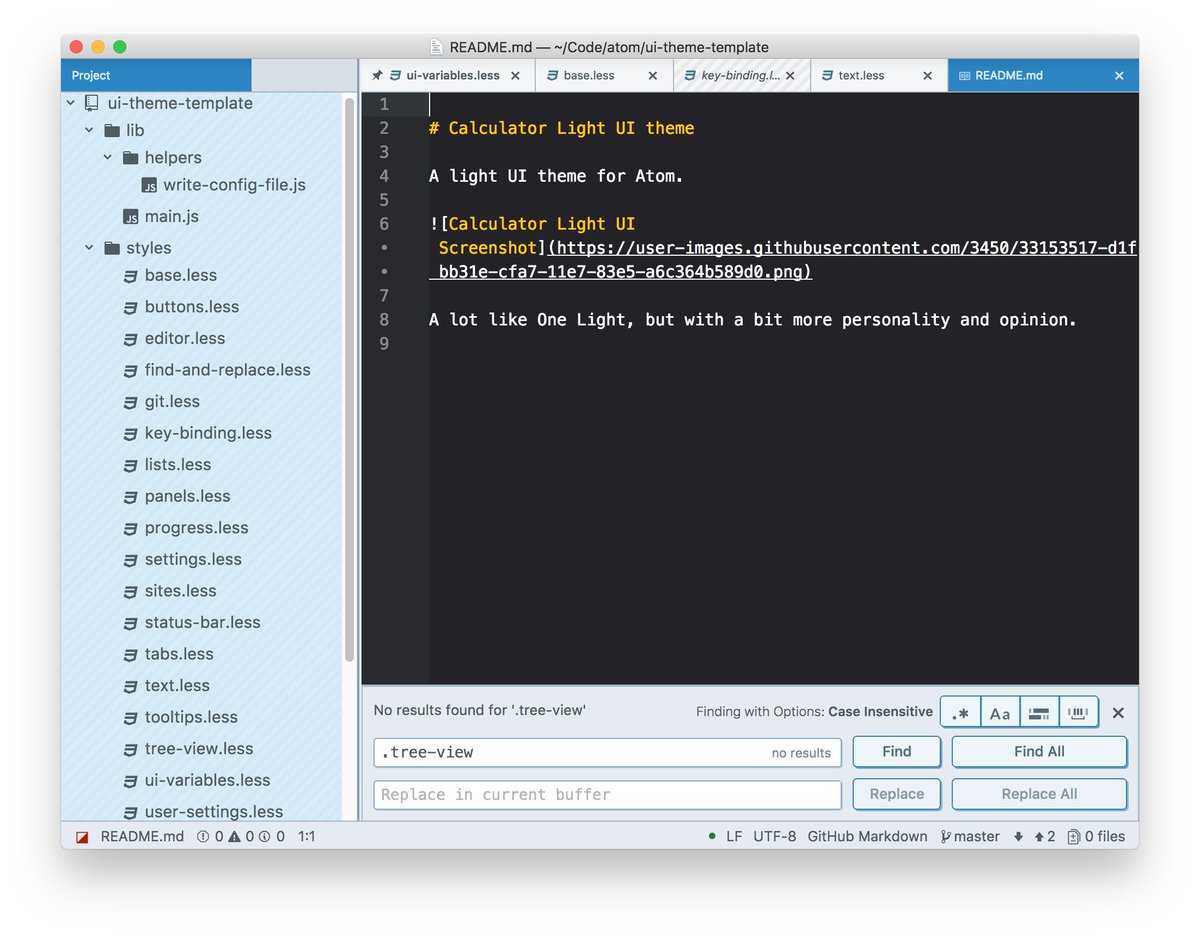 The image shows a screenshot of the Atom text editor with a dark theme, displaying a README file for a "Calculator Light UI theme" and a project tree on the left side, showing files like base.less, buttons.less, and ui-variables.less.