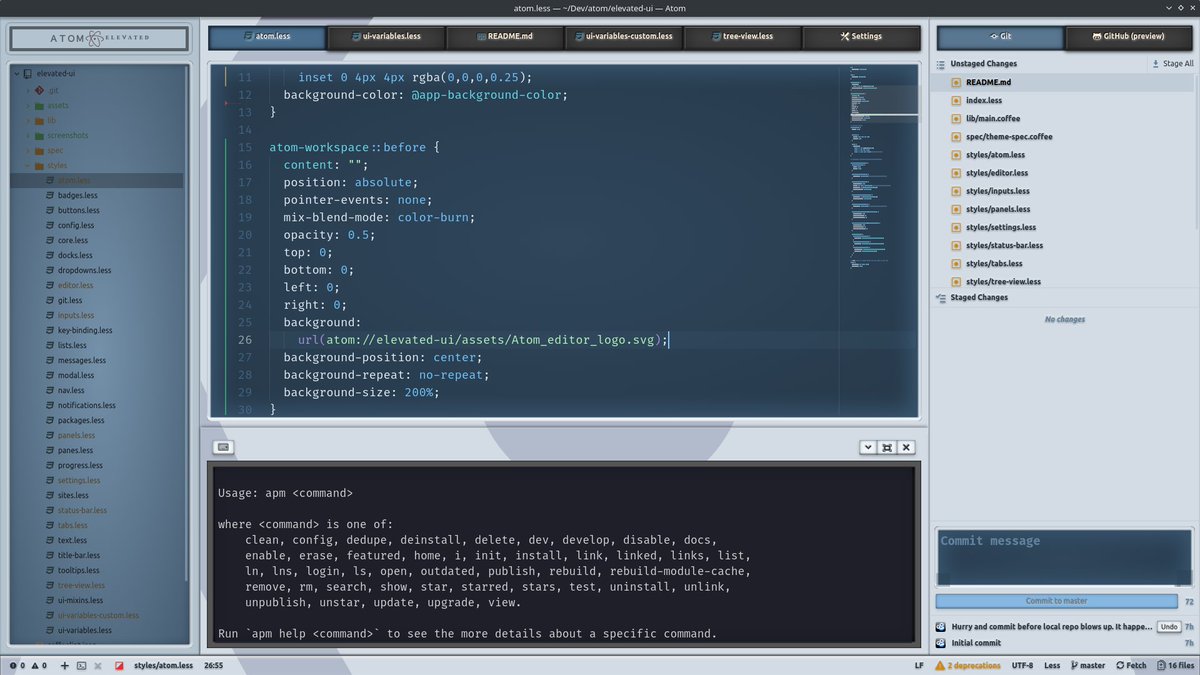 The image shows the Atom text editor interface with a dark theme, displaying a LESS stylesheet file named 'atom.less' containing CSS code for customizing the Atom editor's appearance. The editor also shows a command prompt at the bottom with 'apm' package manager usage instructions.