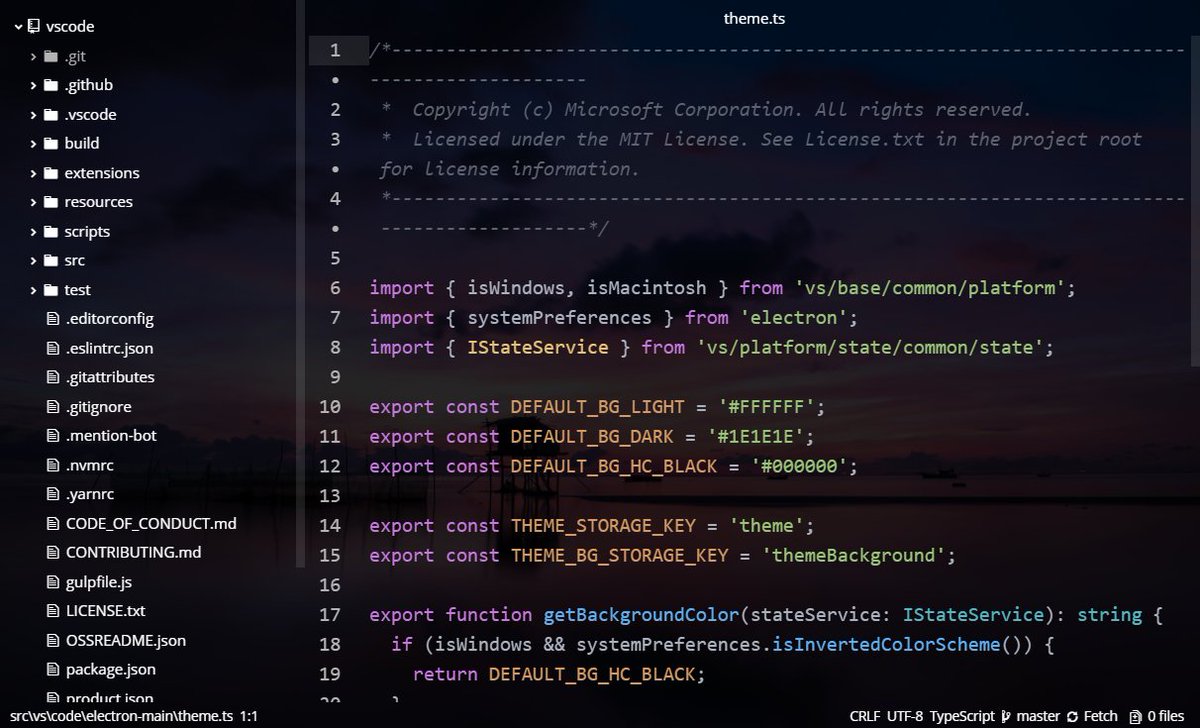 A dark-themed code editor window displaying a TypeScript file named "theme.ts" from a VS Code project, showing imports, exported constants for background colors and theme storage keys, and a function to determine background color based on system preferences.