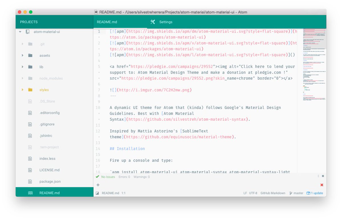 The image shows a screenshot of the Atom text editor displaying a README.md file for a project named "atom-material-ui," which is a dynamic UI theme for Atom following Google’s Material Design Guidelines. The editor interface includes a sidebar with project files and a main pane showing Markdown content with links, images, and installation instructions.