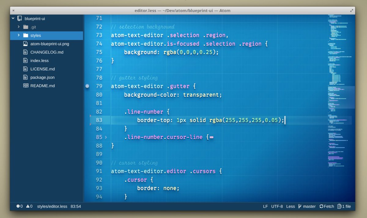 A screenshot of the Atom text editor displaying a Less stylesheet file named "editor.less" with CSS-like code for customizing the editor's appearance, including selection background, gutter styling, and cursor styling, set against a blue grid background.