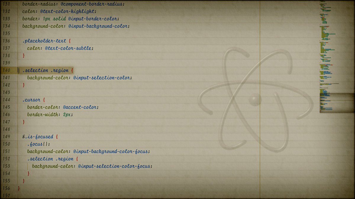 A vintage-style code editor window displaying CSS stylesheets with a faded atomic symbol watermark on the right side, showing lines of code with syntax highlighting in muted tones.