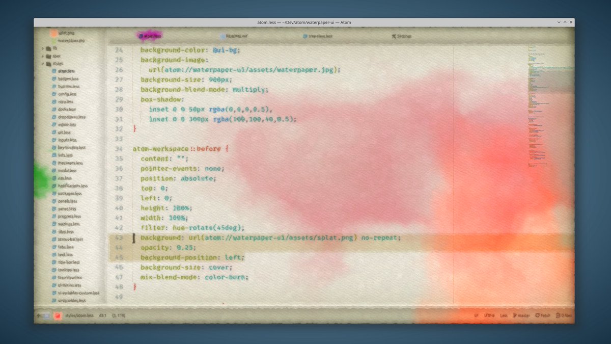 A screenshot of the Atom text editor displaying a CSS file with background-image and filter properties, set against a watercolor-style gradient background in shades of pink and orange.