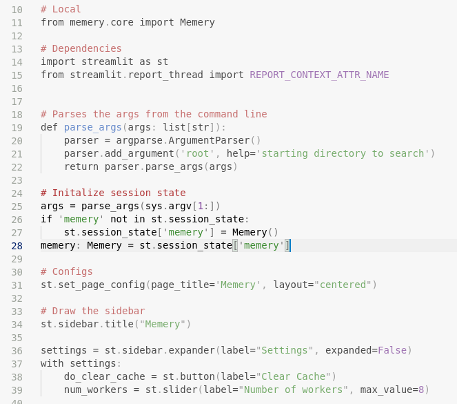 This image displays a Python code snippet from a Streamlit application, showing imports, function definitions, session state initialization, and sidebar configuration for a memory management tool named "Memery".