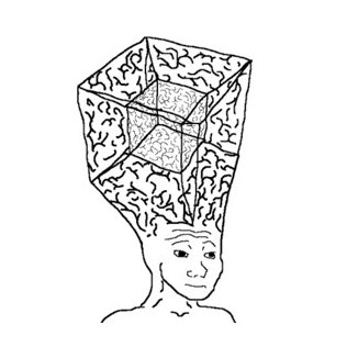 A black-and-white line drawing of a person with a large, cube-shaped head filled with swirling, brain-like patterns. The person has a calm expression and a simple neck and shoulders.