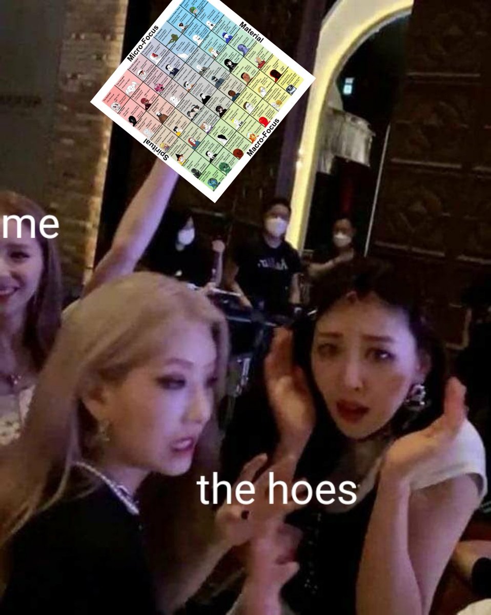 A woman labeled "me" looks at another woman labeled "the hoes" with a confused or dismissive expression, while a chart titled "Material" and "Spiritual" floats above them, suggesting a humorous comparison of different types of women.