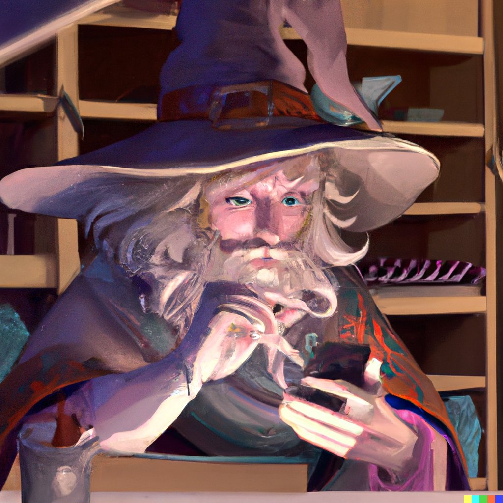 A wizard with a long white beard and bright blue eyes wears a large purple hat and holds a glowing smartphone, seated in a cluttered room with wooden shelves behind him.