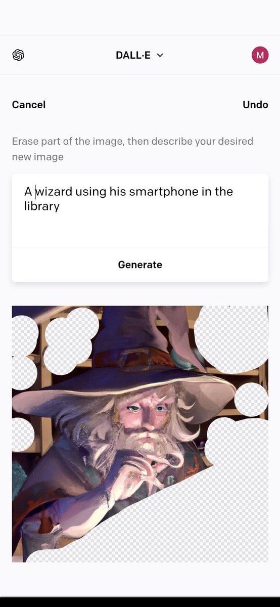 A wizard with a long white beard and pointed hat is shown in a library, holding a smartphone. The image has been partially erased, leaving a transparent background where the wizard's hands and the phone are to be replaced.