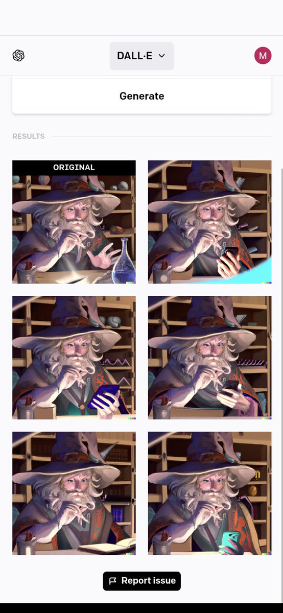 A grid of six images showing a wizard with a long white beard and wide-brimmed hat, in various poses using a smartphone, with the original image on the top left and five variations below it, all set in a cluttered workshop environment.