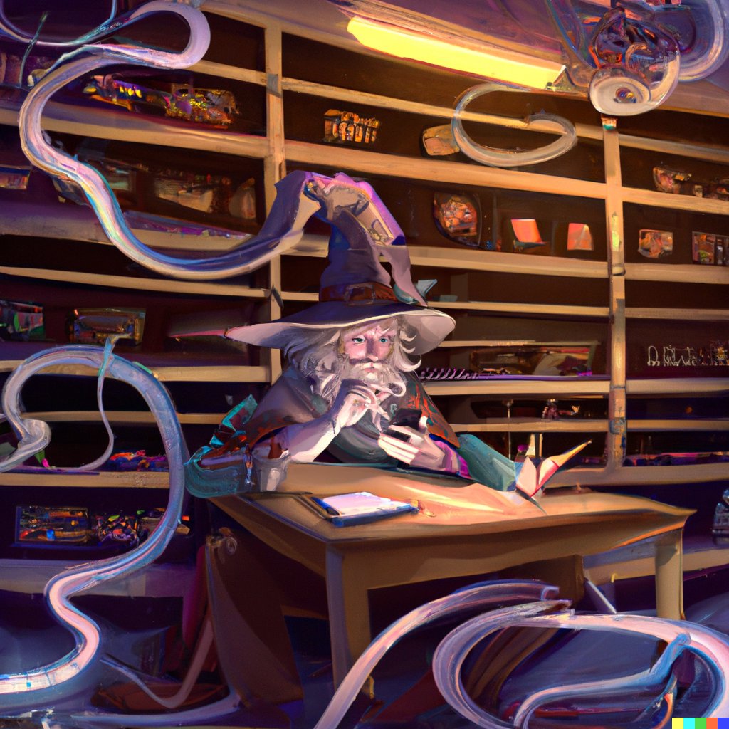 A wizard with a long white beard and a pointed hat sits at a cluttered desk in a dimly lit room filled with shelves of mysterious objects, surrounded by glowing, swirling neon tubes.