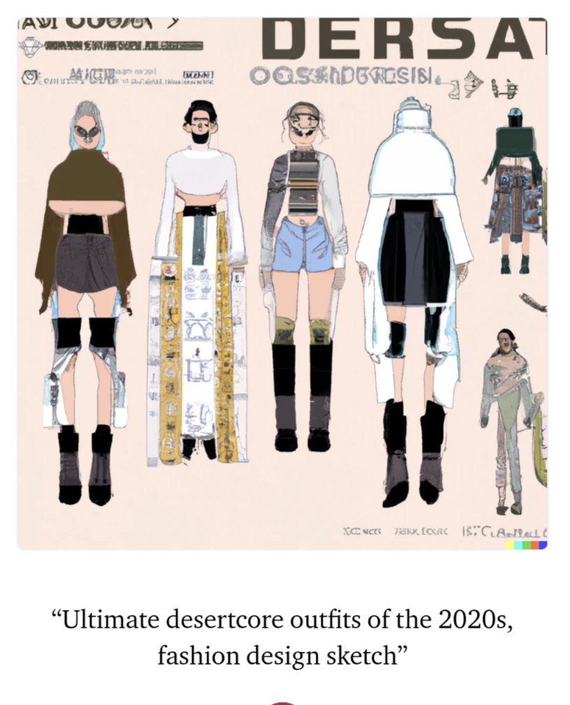 A fashion design sketch featuring six stylized figures in desertcore outfits, each wearing unique combinations of desert-inspired clothing like hooded tops, shorts, and layered accessories, set against a beige background with the word "DERSA" at the top.