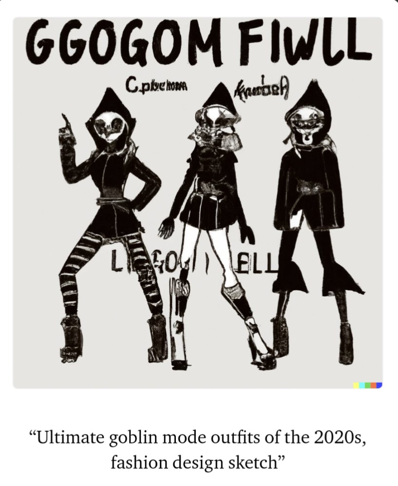 Three stylized goblin-like figures in 2020s fashion outfits pose confidently, wearing hooded jackets, patterned pants, and high heels, with bold black-and-white sketch art and the text "GGOGOM FIWLL" above them.