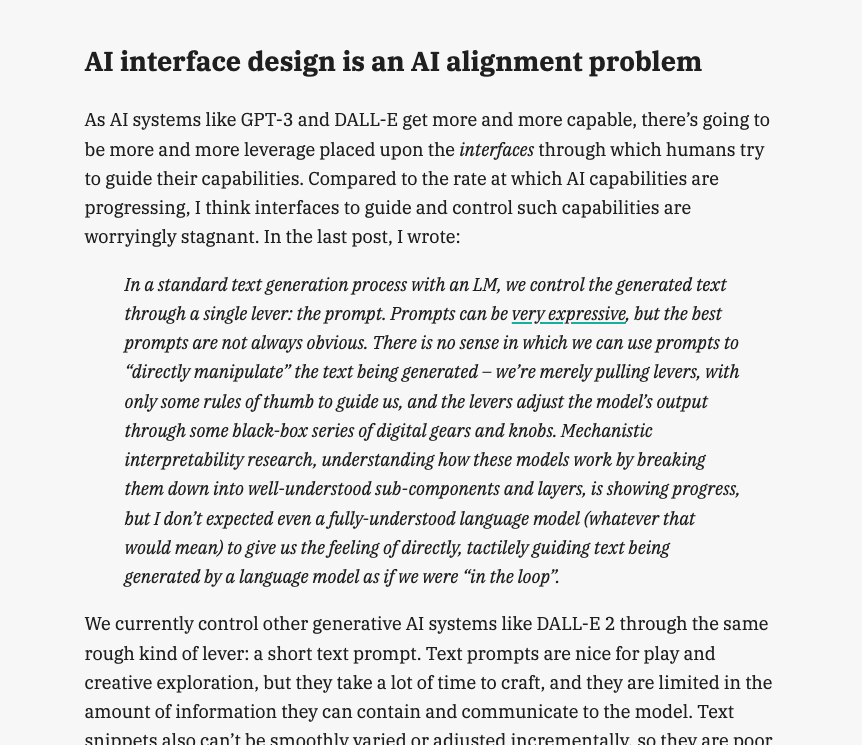 This image displays a section of a blog post with the headline "AI interface design is an AI alignment problem," discussing how human interfaces for AI systems like GPT-3 and DALL-E are currently limited and require improvement for better control and alignment.