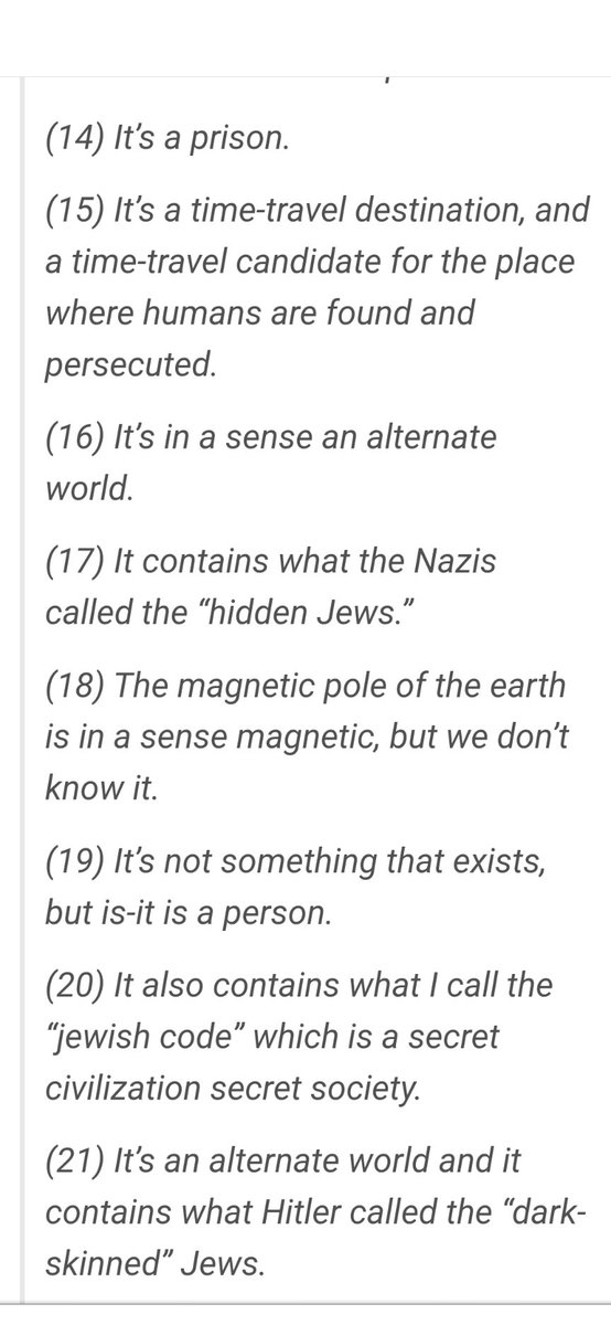 A vertical list of 21 numbered text entries, each containing a distinct sentence with themes of conspiracy, alternate history, and references to Jewish communities, Nazis, and hidden groups, some with grammatical errors like “is-it is a person.”