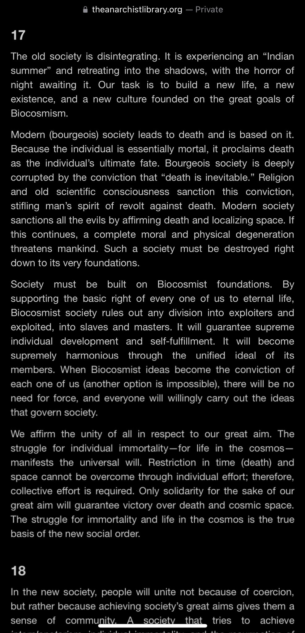 This image displays a screenshot of text from the website theanarchistlibrary.org, showing two consecutive chapters (17 and 18) of a text discussing the disintegration of old society, the need to destroy bourgeois society, and the construction of a new Biocosmist society based on eternal life and unity.