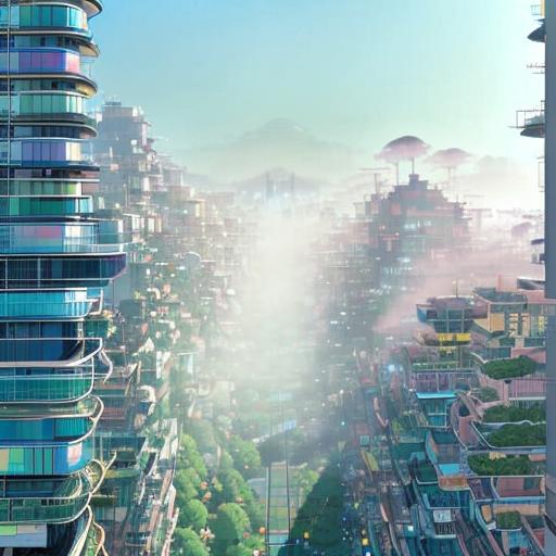 A futuristic cityscape with towering, curved buildings and lush greenery, bathed in soft morning light with a misty haze rising from the streets.