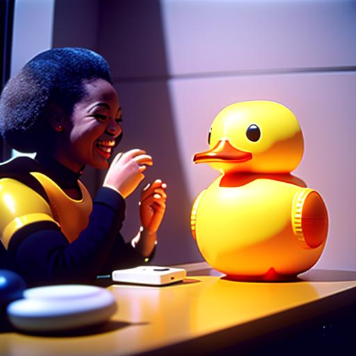 A smiling woman with dark skin and curly hair sits at a table, laughing and gesturing toward a large, bright yellow rubber duck toy with a glowing orange beak and feet.