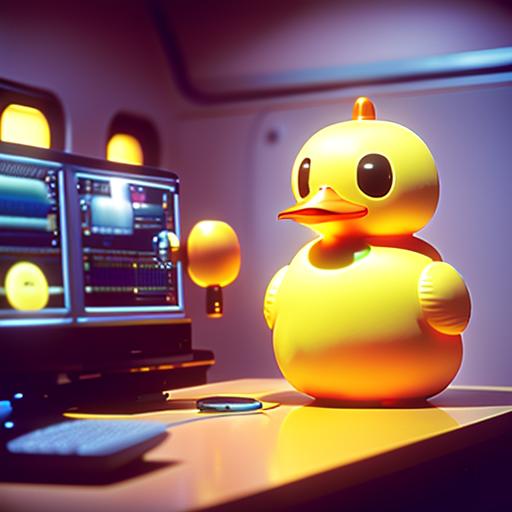 A bright yellow rubber duck sits on a desk beside a computer monitor displaying charts and graphs, under warm, glowing lighting in a dimly lit room.