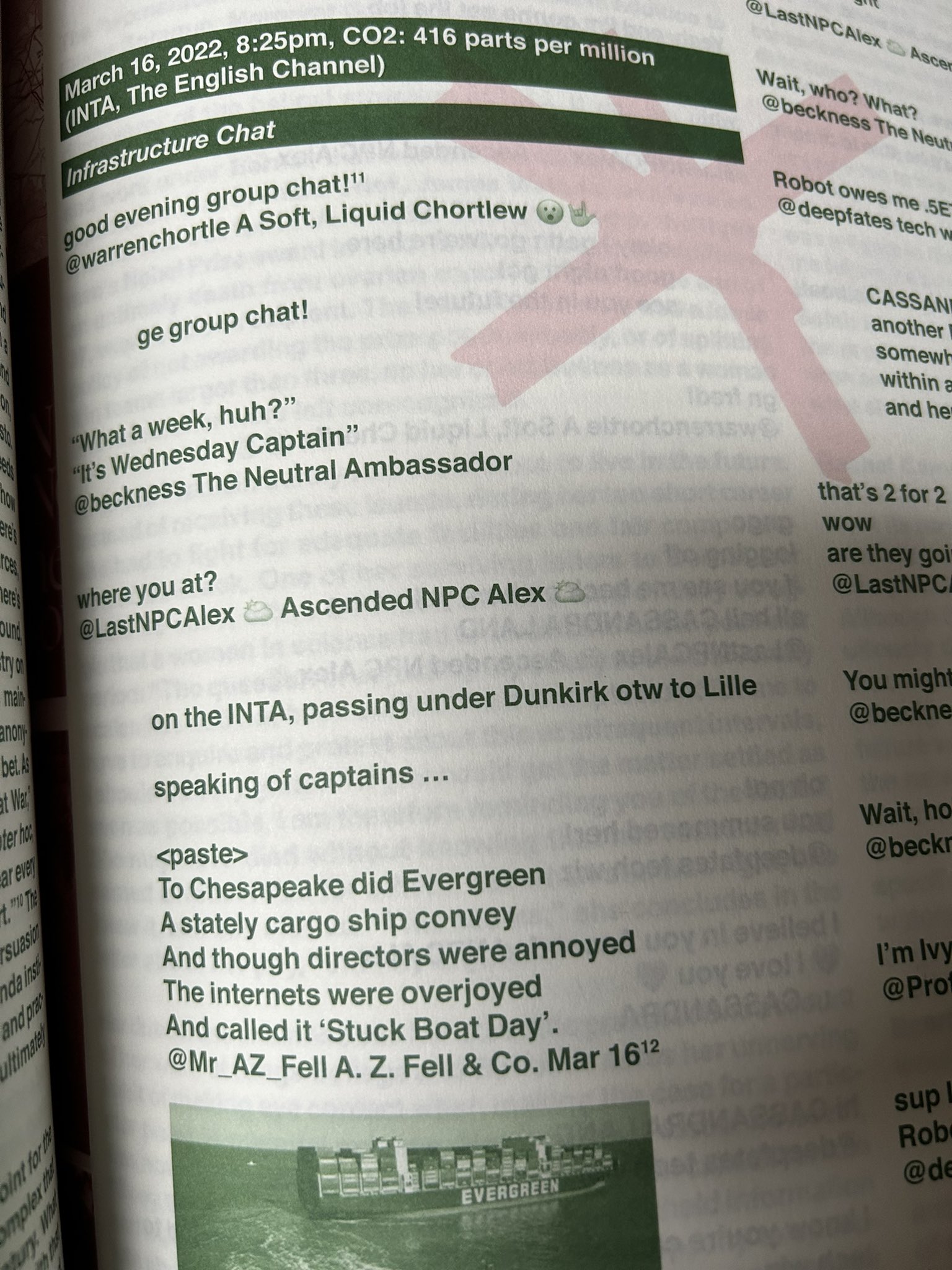 A printed page from a maritime log or chat forum, featuring a discussion about a cargo ship named Evergreen, with a green-tinted photograph of the vessel on the water below a block of text.