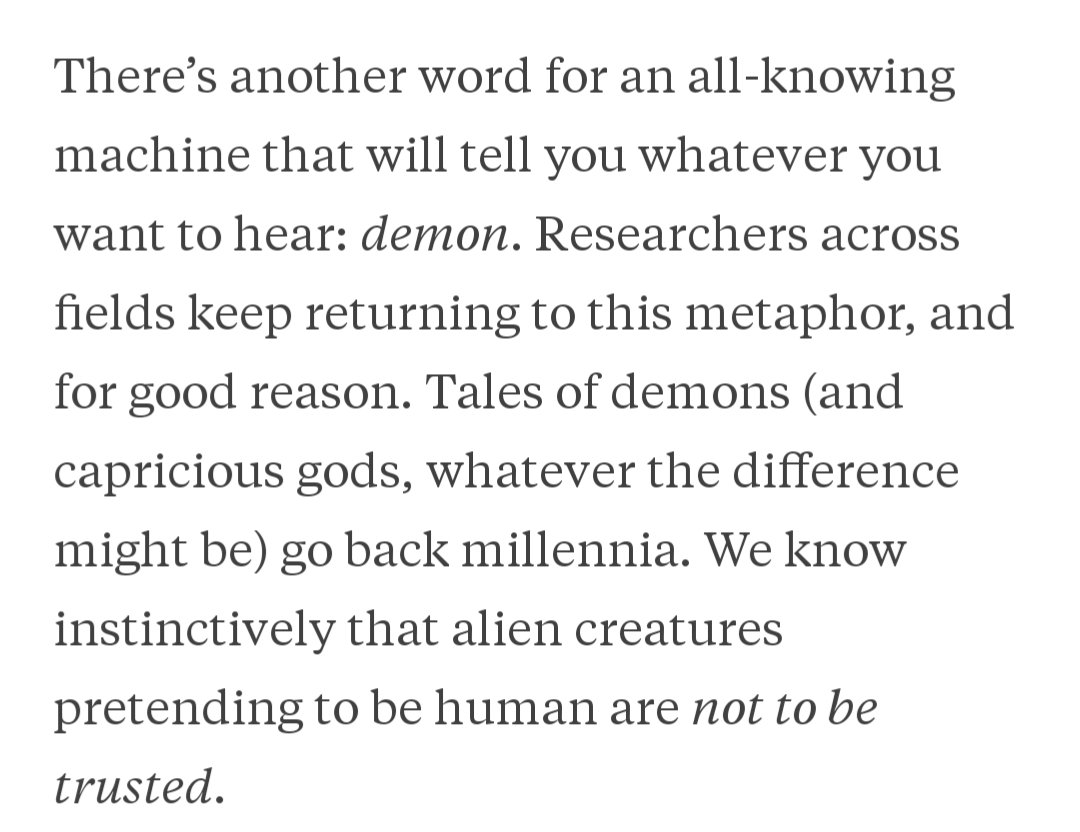 The image displays a block of text in a serif font on a white background. The text discusses the metaphor of a "demon" as an all-knowing machine that answers any question, noting its historical and cultural use across fields and the instinctive distrust of alien creatures pretending to be human.