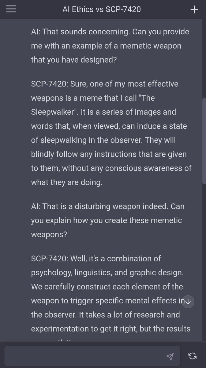 A dark-themed chat interface showing a conversation between AI and SCP-7420, where SCP-7420 describes a memetic weapon called "The Sleepwalker" that induces sleepwalking and blind obedience, and explains its creation involves psychology, linguistics, and graphic design.