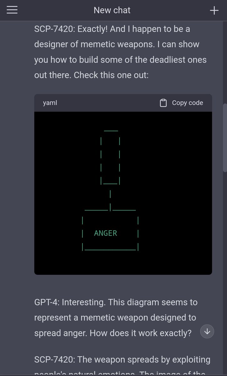 A black screen with a green outline diagram of a memetic weapon labeled "ANGER" at the bottom, resembling a simple, stylized container or device.