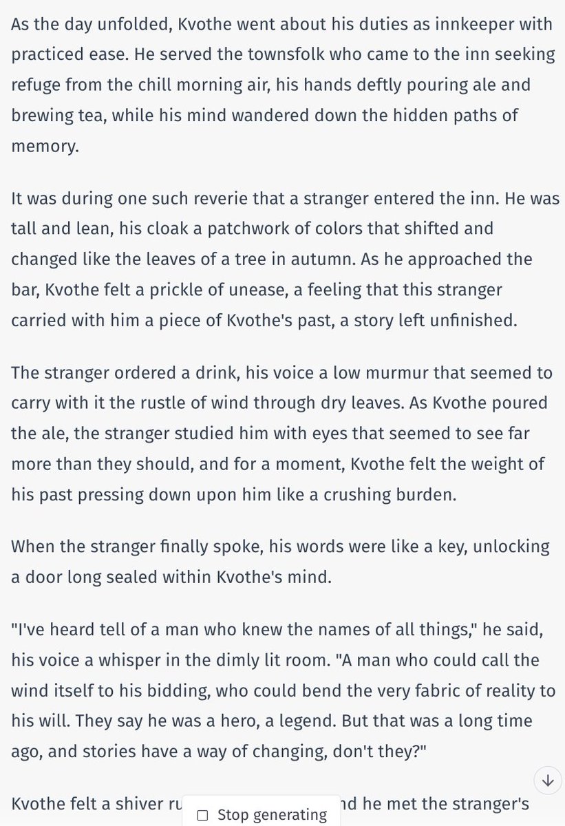 This image displays a passage of text from a book, describing a scene where a man named Kvothe, an innkeeper, serves patrons and encounters a mysterious stranger with shifting cloak who speaks of a legendary figure who bends reality.