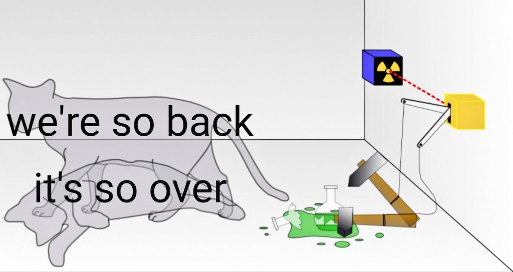 A cartoon cat lies on its back, with text overlay reading "we're so back it's so over," while a radioactive box, a hammer, and spilled green liquid are scattered on the floor, suggesting a chaotic or ruined scene.