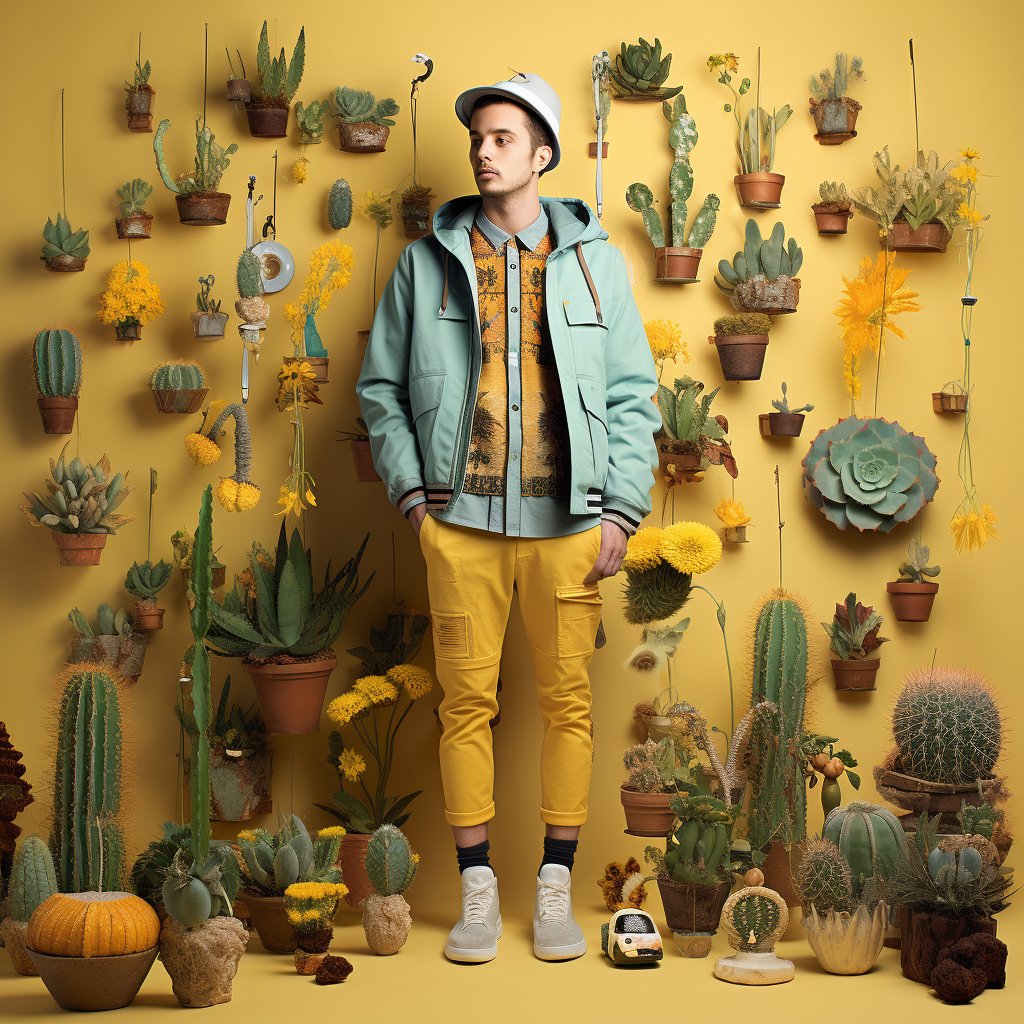 A man in a light blue jacket, yellow pants, and a white cap stands in front of a vibrant yellow wall adorned with numerous cacti and succulents in various pots and hanging arrangements, with a small toy car and a pumpkin on the floor nearby.