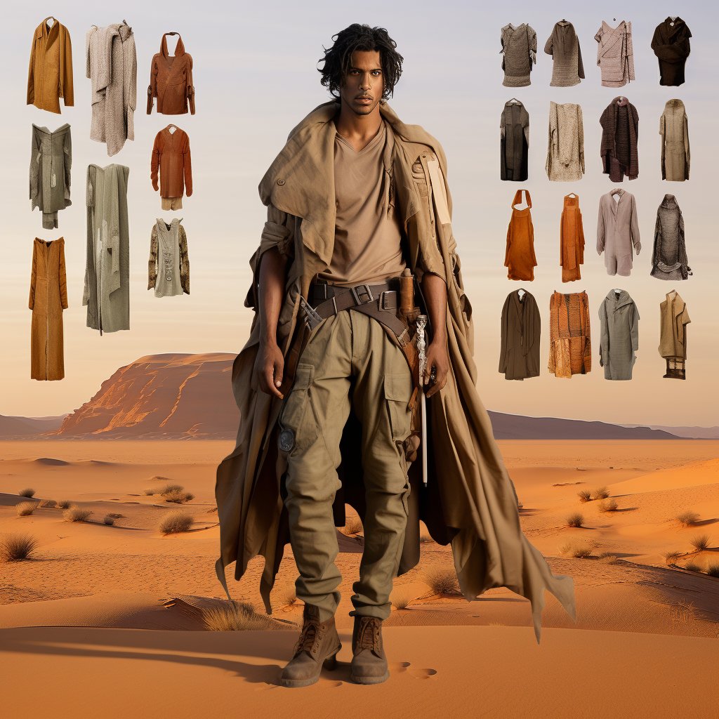 A man stands in a desert landscape wearing a long tan coat, cargo pants, and boots, surrounded by a grid of 20 different desert-style garments in various colors and styles.