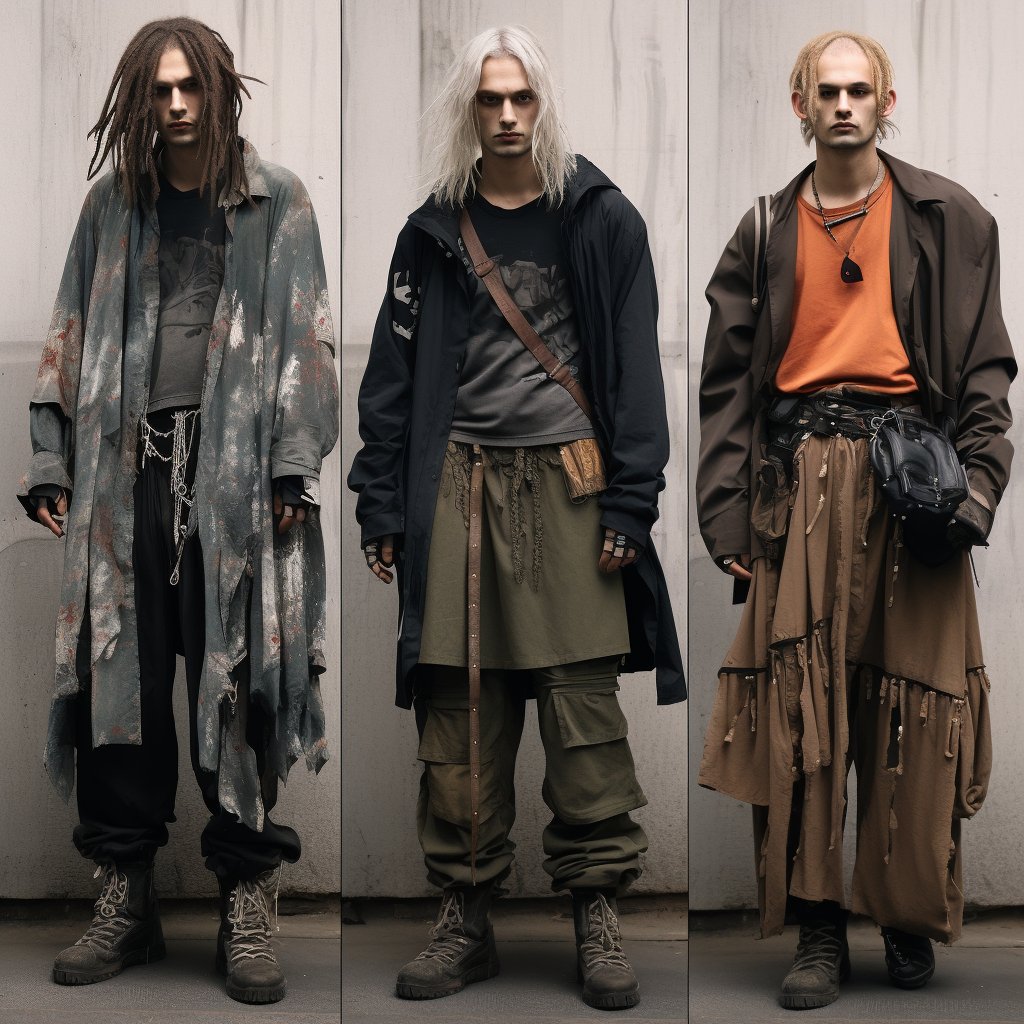 Three men in distinct post-apocalyptic or punk-inspired outfits stand against a plain concrete wall; the left wears a tattered grey robe over black clothing, the center sports a black jacket with a green skirt-like garment and cargo pants, and the right dons a brown coat with layered, distressed clothing and a bright orange shirt.