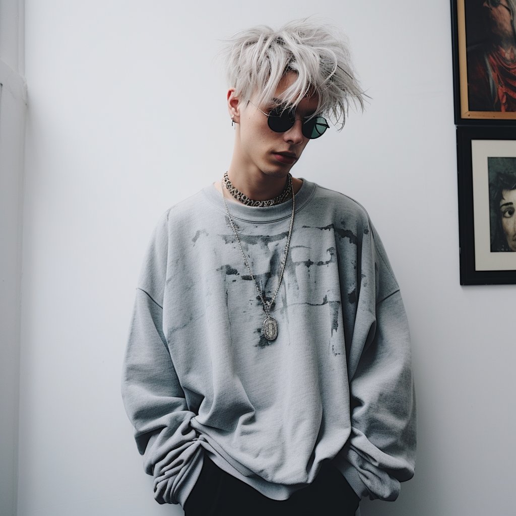 A young man with silver hair and sunglasses leans against a white wall, wearing a faded gray sweatshirt, layered necklaces, and black pants.