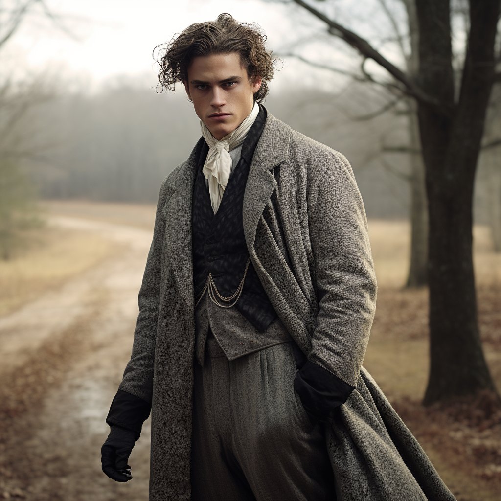 A young man with wavy brown hair stands on a misty forest path, wearing a vintage-style gray coat, dark vest, white cravat, and black gloves, looking directly at the viewer with a serious expression.