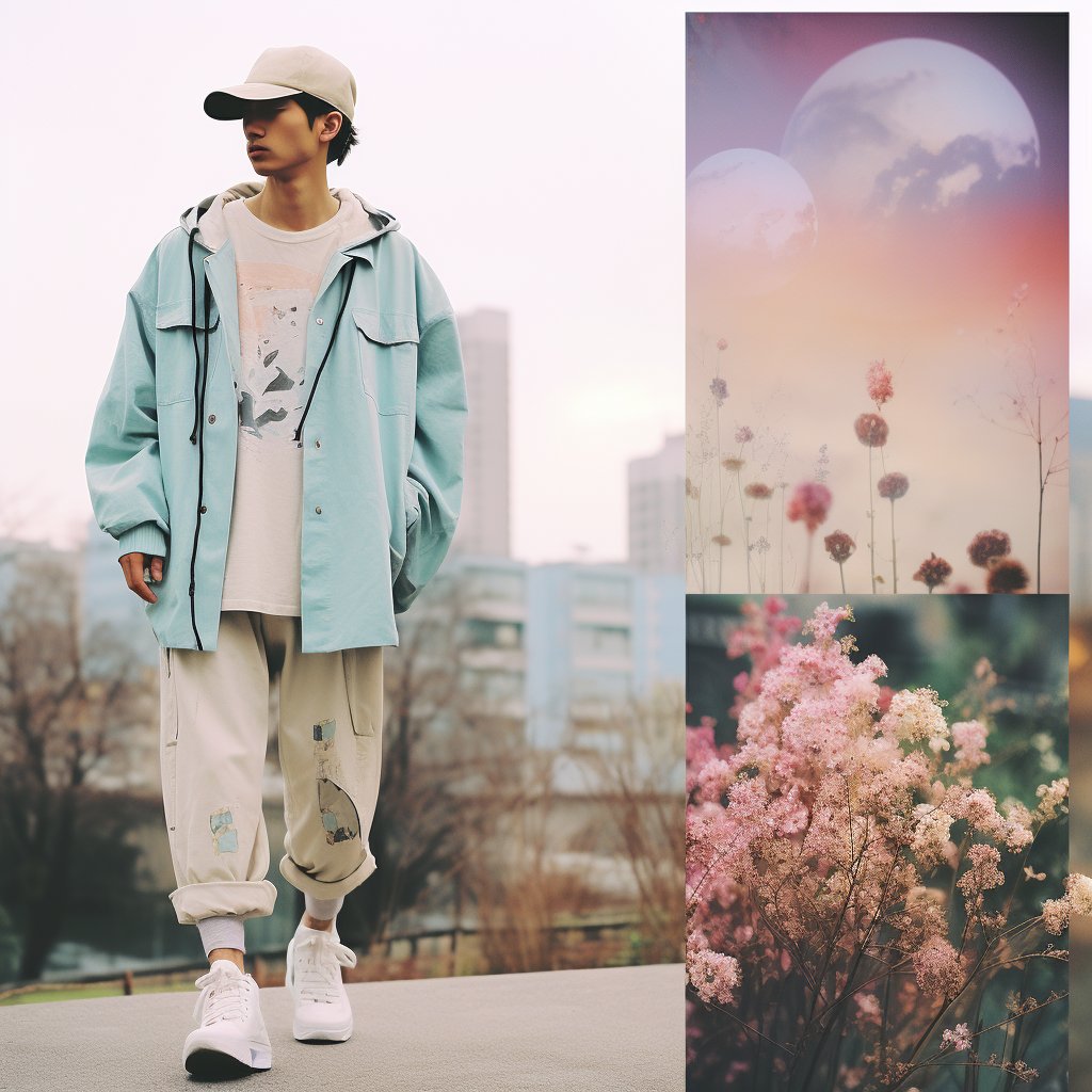 A young man in a light blue jacket, beige pants, and white sneakers stands on a path, wearing a beige cap and a graphic tee, with a cityscape blurred in the background. To his right, a surreal collage shows two large moons in a pink and purple sky above tall pink flowers, and a close-up of blooming pink flowers below.