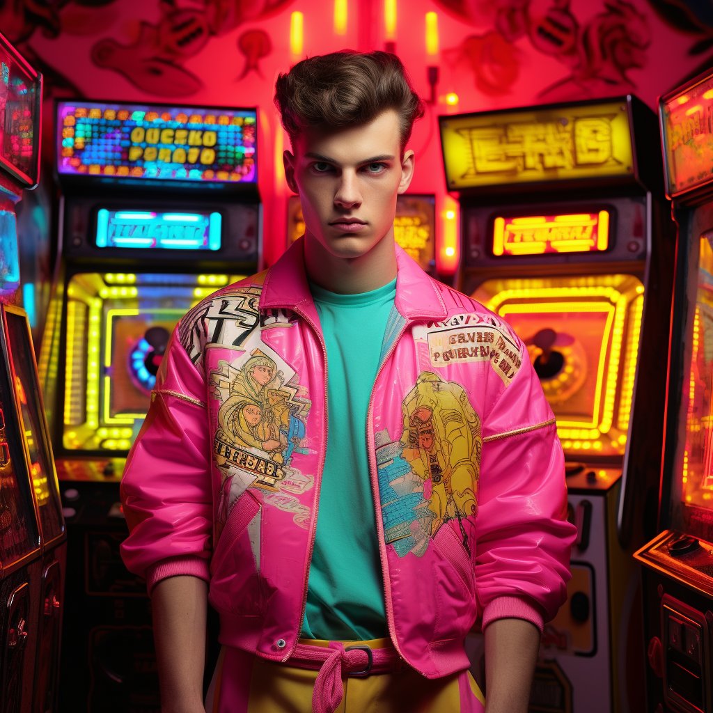 A young man in a vibrant pink bomber jacket with cartoon graphics stands confidently in a neon-lit arcade, surrounded by glowing game machines with colorful lights and retro signage.