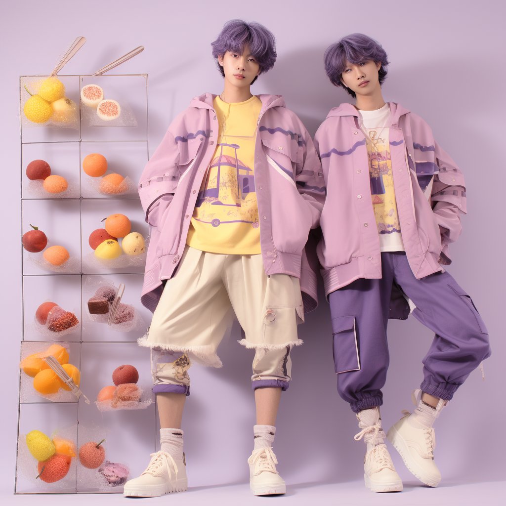 Two individuals with purple hair stand side by side in a pastel purple room, wearing matching lavender jackets and colorful, casual outfits. To their left is a transparent fruit display shelf filled with various fruits and desserts.