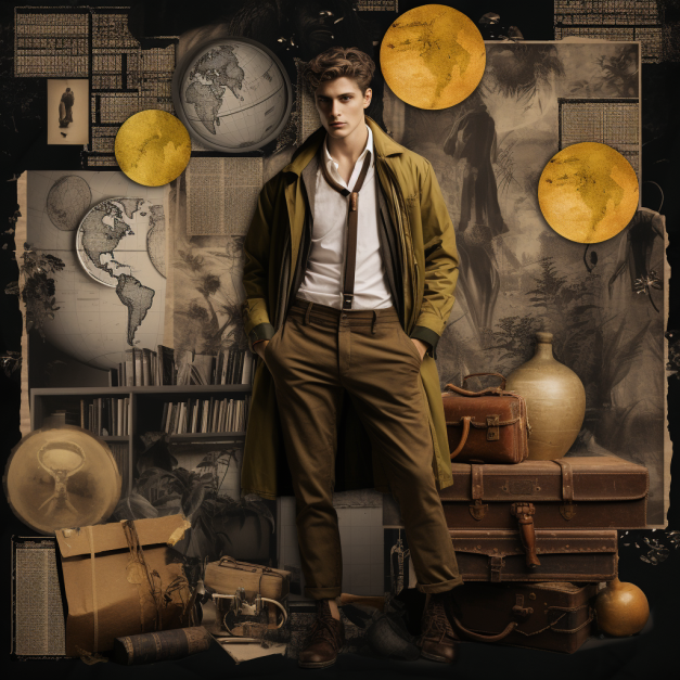 A young man in a brown trench coat and trousers stands confidently amidst a collage of vintage travel elements, including globes, old suitcases, books, and maps, evoking an adventurous, retro-exploration theme.